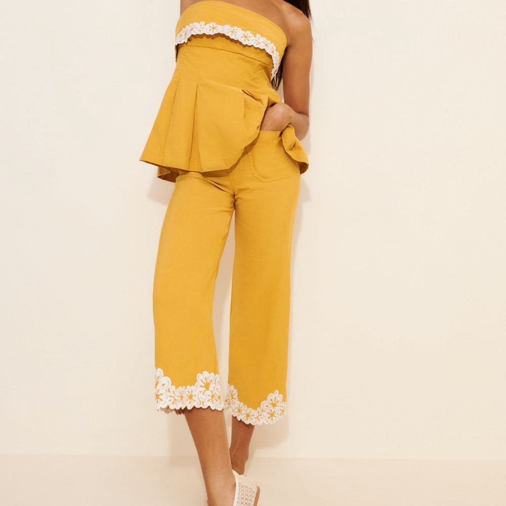 Colette Yellow Magic Fabric Cropped Pants Lace-Hem Anthropologie Maeve size 30